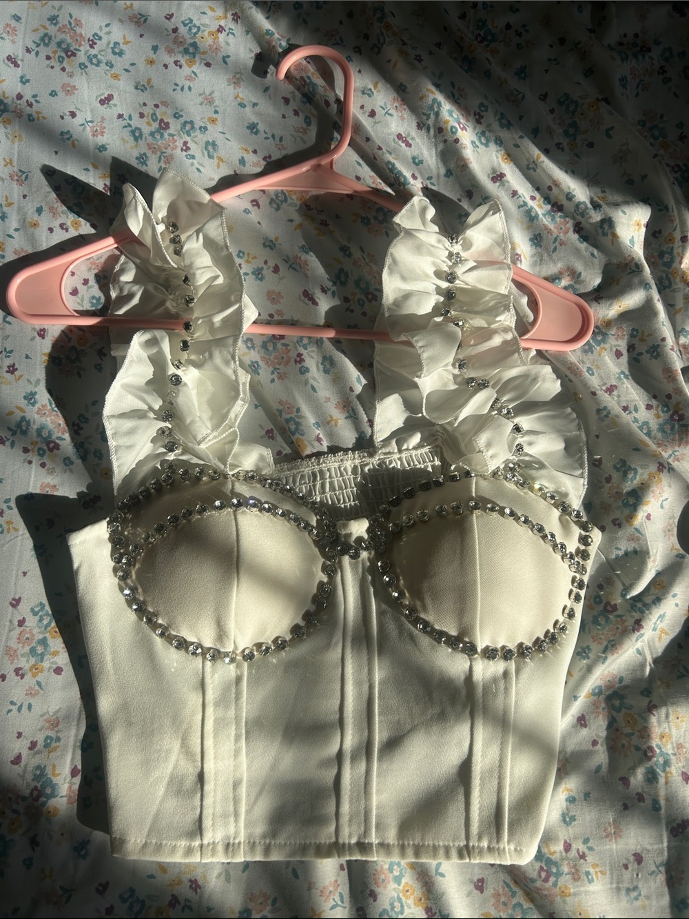 Embellished Ruffled Strap Bustier Top - Cream